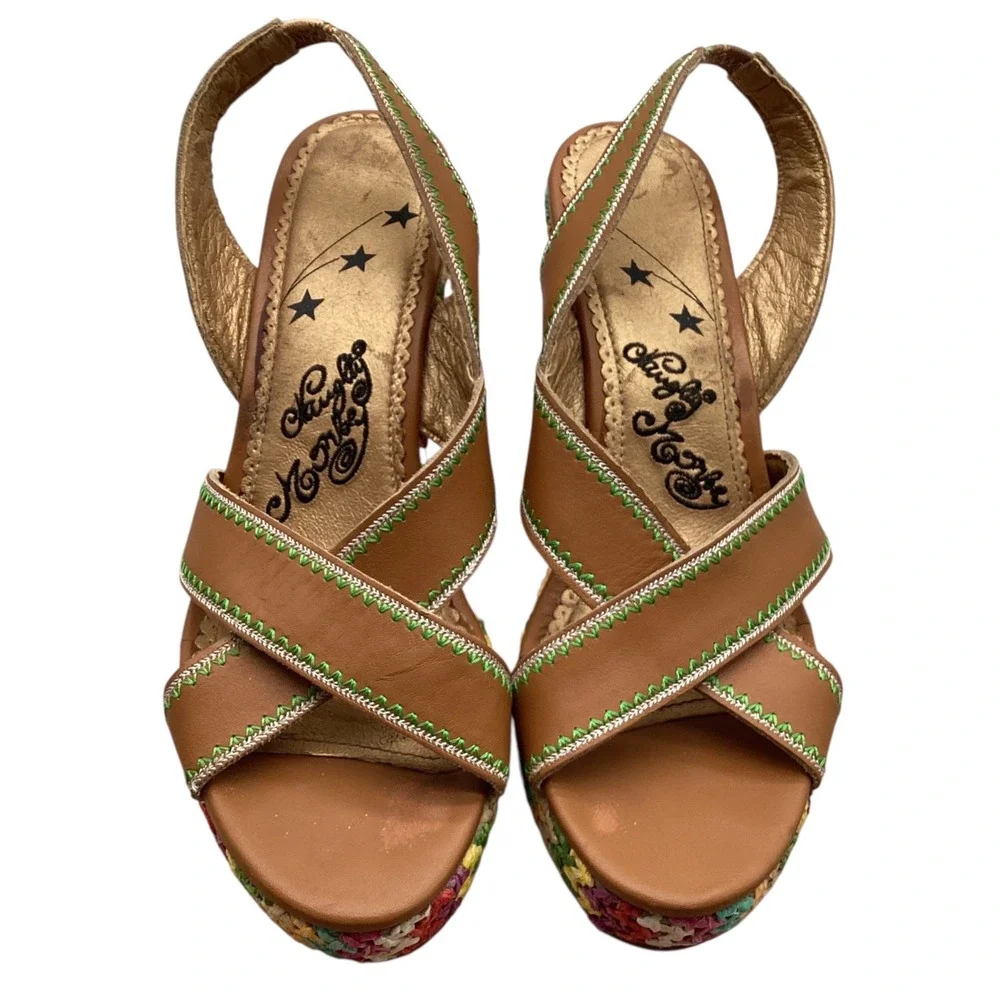 Naughty Monkey Women Tan Leather Woven Straw Platform‎ Wedge Sandals Multi-Color